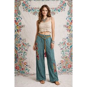 NWT Avani Embroidered Lace Boho Hippie Gypsy Chic Blue Floral Tassel Pants Small